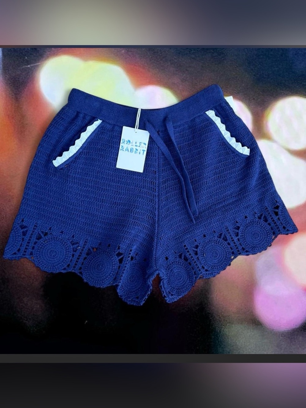 Roller Rabbit Crochet Cameron Navy Crochet Scallop-Hem Pockets Shorts S/M